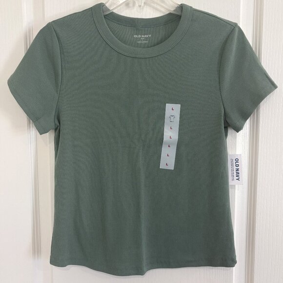 Old Navy Snug Crop T-Shirt Rib Knit Crew Neck Top Tee Herb Green Size Large NEW - Picture 3 of 6